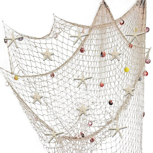 79 x 59 inch Nature Fish Net Wall Decoration with Sea Shells and 10 pcs Natural Starfish Mediterranean Style Decor Wall Decoration