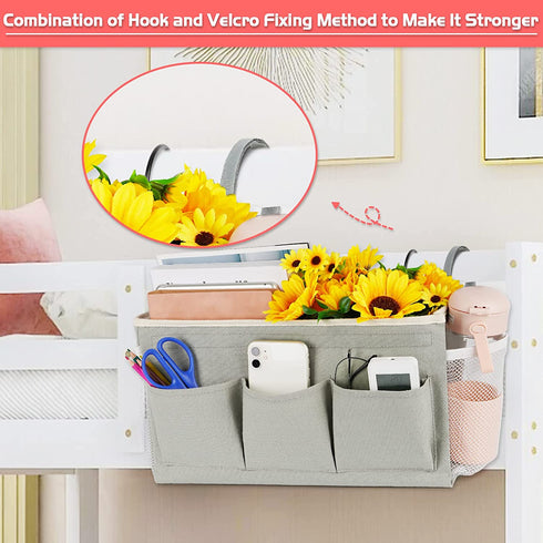 Loghot Bedside Caddy/Bedside Storage Bag Hanging Organizer for Bunk and Hospital Beds, Dorm Rooms Bed Rails, Bedside Organizer with Fixed Straps and Water Bottle Holder (New Grey)