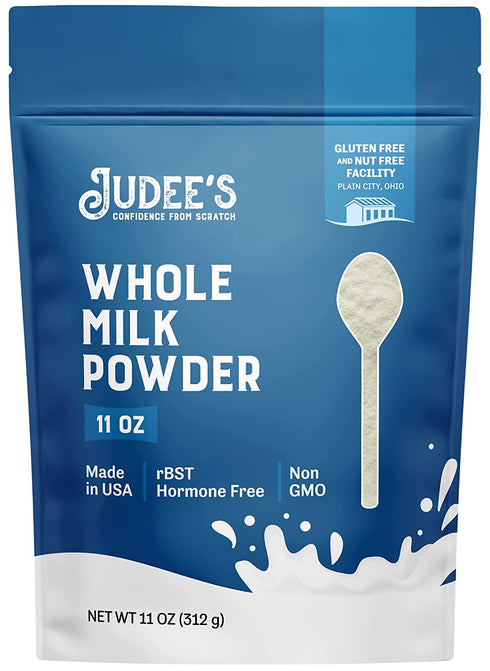 Judee’s Pure Whole Milk Powder 11 oz - 100% Non-GMO, rBST Hormone-Free, Gluten-Free and Nut-Free - Pantry Staple, Baking Ready, Great for Travel, and Reconstituting - Made in USA