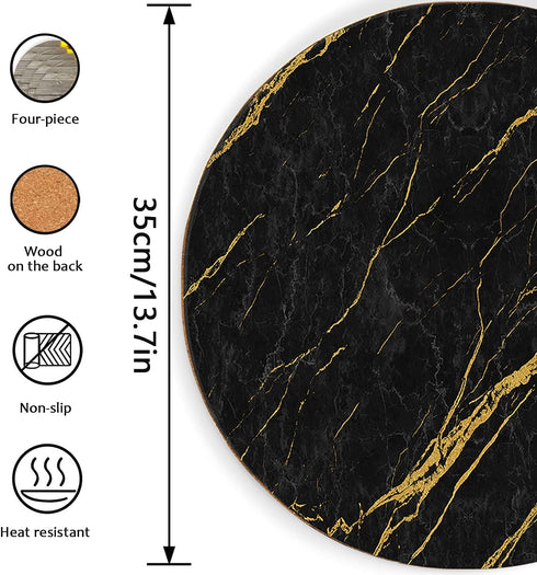 Round Cork Placemats for Dining Table Set of 4-13.7"Large Circles for Cork Hot Pads/Pots/Plates-Washable Waterproof Wipable Non Slip Stain for Kitchen Dining Table-Black Marble Golden Texture Pattern
