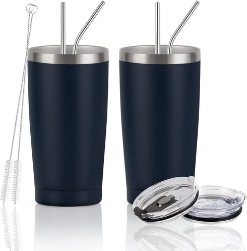 2 Pack Travel Tumblers, 20 Oz Stainless Steel Tumblers with Lids Straws, Vacuum Insulated Tumblers, Double Wall Travel Tumblers, Powder Coated Insulated Coffee Cup for Hot and Cold Drinks, Navy Blue