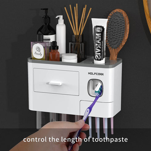 Toothbrush Holder Wall Mounted, 2 Magnetic Cups Toothbrush Holders with Toothpaste Dispenser for bathrooms, Multi-Functional Bathroom Gadgets Electric Toothbrush Holder Set for Bathroom Organizer