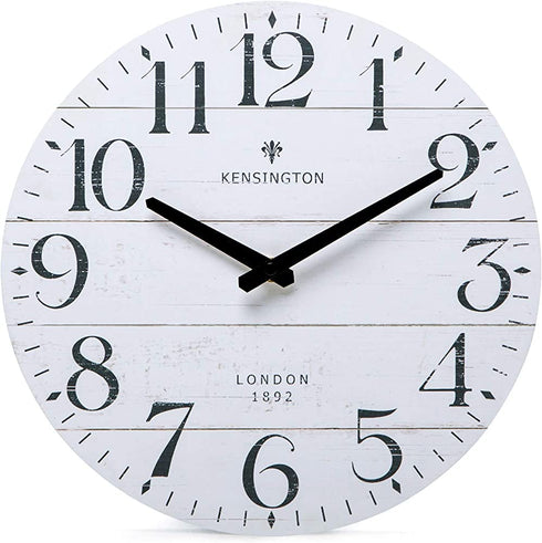 NIKKY HOME White Kitchen Wall Clock-12 Inch Farmhouse Antique Silent Non Ticking Battery Operated Vintage Country Rustic Distressed Wood Clock