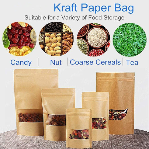 100 Pcs Kraft Stand Up Pouch with Window 6.3 x 8.6 in Brown Zip Lock Stand Up Bags, Reusable, Heat-Sealable for Home or Business