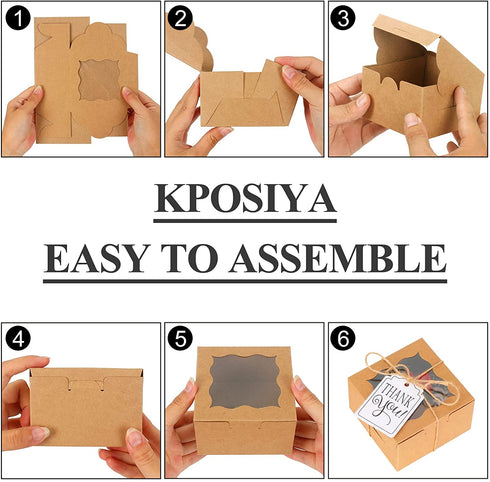 KPOSIYA 60 Pcs Brown Bakery Boxes with Window Individual Cupcake Boxes 4x4x2.5 Inches Cookie Boxes Kraft Paper Brown Gift Box for Pastries, Cookies, Pie, Donuts, Macaroon (60, Brown)