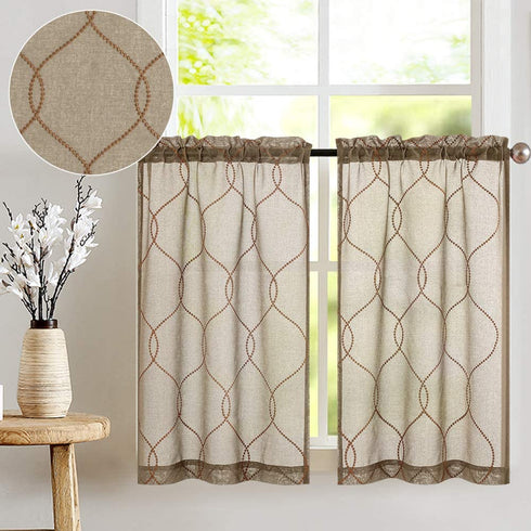 Vangao Kitchen Curtains and Valances Set Kitchen Curtains 3 Piece Set 36 Inch Length Embroidered Moroccan Trellis Pattern Light Diffusing Sheer Kitchen Curtains Valances for Kitchen Bathroom Brown