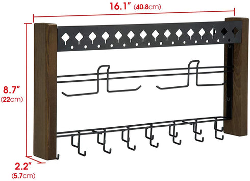 Rustic Wood Wall Mount Jewelry Organizer with Metal Hooks for Necklaces Earrings and Bracelets (Wood) : MK460A
