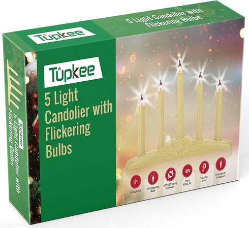 Tupkee Christmas Candolier Window Candles with Flickering Bulbs 5-Lights Indoor -Flameless Electric Window Candles Candelabra - 2 Pack