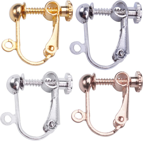 BronaGrand 24 Pieces Clip-on Earring Findings Components Screw Back Ear Wire Non Pierced Earring Converter with Loop for Jewelry Making, 4 Colors