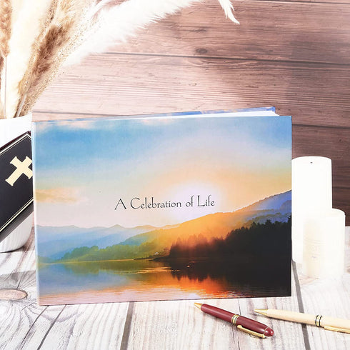 Funeral Guest Book A Celebration of Life Guest Sign In Book Memorial Service Guest Book with Lake Sunset Mountain Design 11.5 x 8.3 Inch Memorial Guest Condolence Book for Funeral Visitor Registration