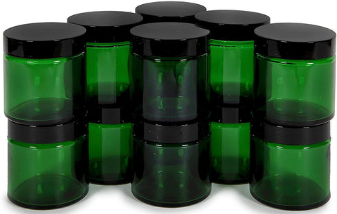 Vivaplex, 12, Green, 4 oz, Round Glass Jars, with Inner Liners and black Lids