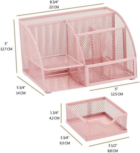 Annova Mesh Desk Organizer Office with 7 Compartments + Drawer/Desk Tidy Candy/Pen Holder/Multifunctional Organizer - Light Pink