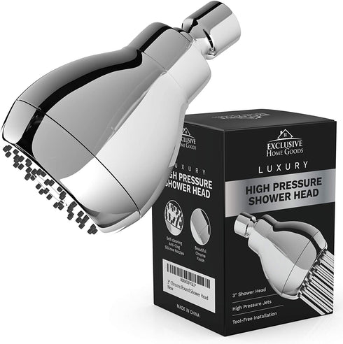 High Pressure Shower Head - Chrome - Powerful Deluxe Bathroom Showerhead with Strong Spray Stream and Small Silicone Nozzles - Universal Fit Works with High and Low Water Flow Showers