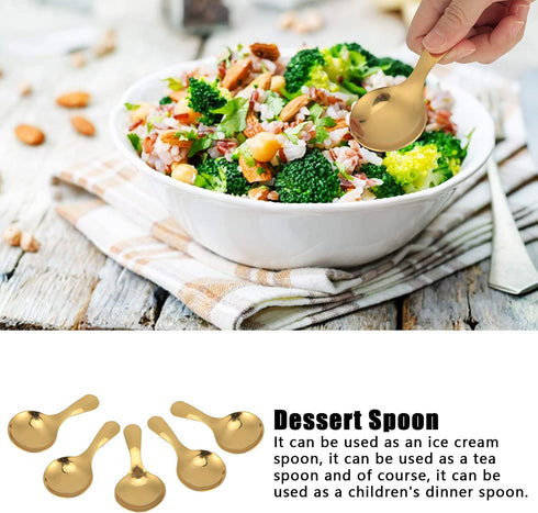 5Pcs Ice Cream Scoop, Mini Stainless Steel Short Handle Spoon for Tea Coffee Dessert Sugar Condiment Kids Eating(Gold)