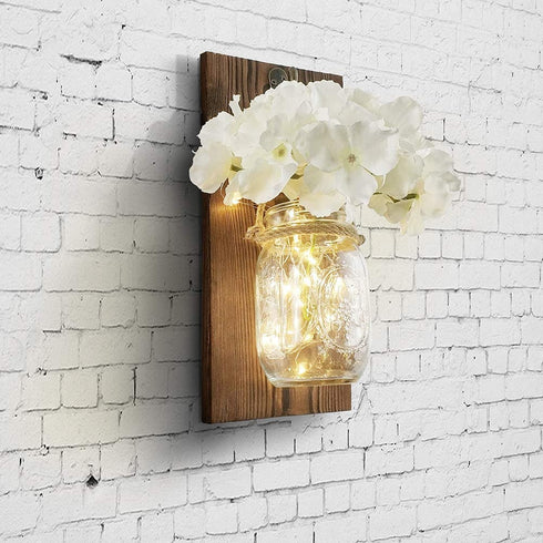 2 Pack Mason Jar Wall Decor With 8 Functions Remote, Hanging Mason Jars Light with 6-Hour Timer 30 Led Fairy Lights, Rustic Home Decor Wall Sconce With White Silk Hydrangea, Wall Art for Living Room
