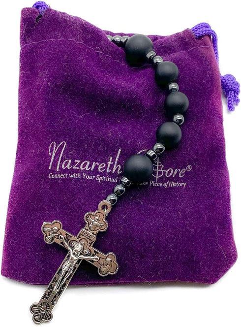 Nazareth Store Black Matte Agate Beads Rosary with Hematite Stones Catholic Necklace Jerusalem Holy Soil & Cross Crucifix in Velvet Bag