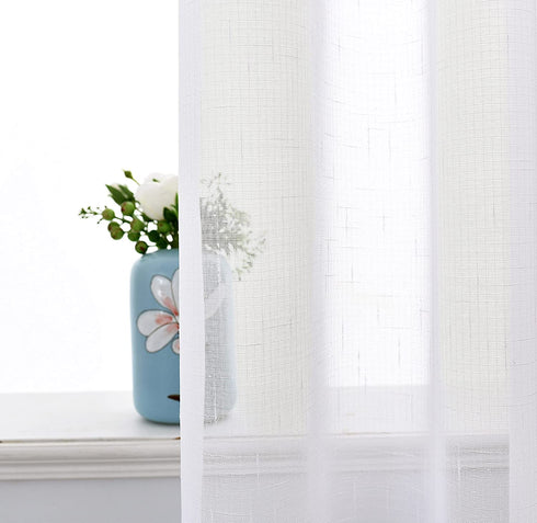 Randall White Linen Sheer Curtain Panel Sets of 2 with Rod Pocket Open Weave Faux Linen Window Treament for Living Room Bedroom Farmhouse, 54x63 Inch, Snow White