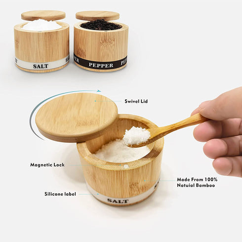 Thougrlyh Salt and Pepper Bowls Bamboo Pepper Salt Box with Swivel Lid and Spoon 2 Piece Set Salt and Pepper Cellar to Easily Open and Seal with 2 Spoon Storage Spice Pepper Salt Container