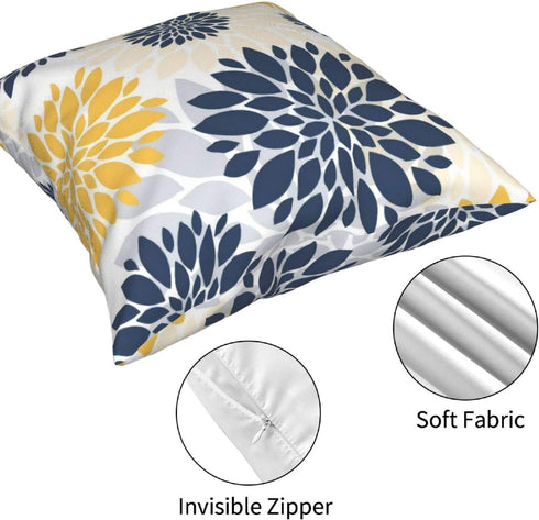 Throw Pillow Covers 18 X 18 Set of 4,Navy Blue Gold Oversized Flower Geometry Square Pillow Cushion Cases,Yellow and Gray Floral Modern Decorative Pillow Covers for Couch Sofa Bedroom Car