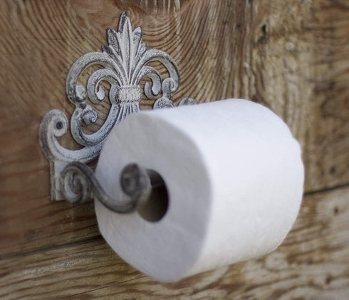 Fleur De Lis Cast Iron Toilet Paper Roll Holder - Cast Iron Wall Mounted Toilet Tissue Holder - European Vintage Design - 6.75" x 6.25" x 4.25? - with Screws and Anchors by Comfify (Antique White)