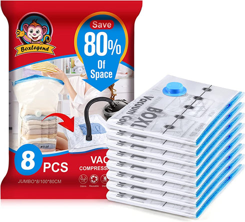 BoxLegend Space Saver Bags, Vacuum Storage Bags (8 x Jumbo), Vacuum Compression Bags for Comforters Blankets Clothes Pillows Travel.