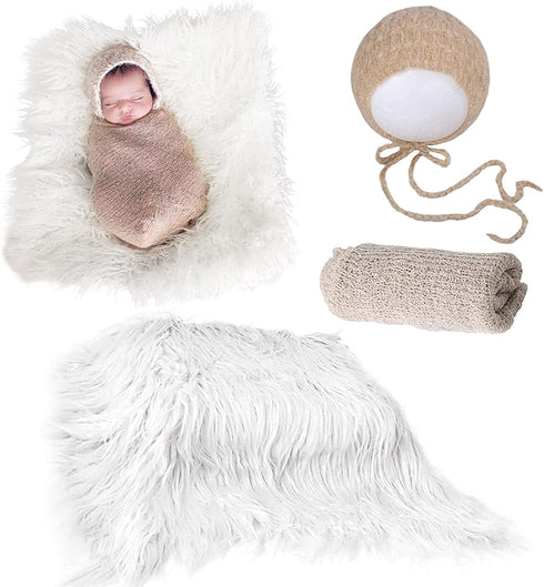 SPOKKI Newborn Photography Props Outfits 3 PCS Baby Long Ripple Wrap with and Toddler Swaddle Blankets Photography Mat with Cute Crochet Knitted Hat Costume ( 0-12 Month)
