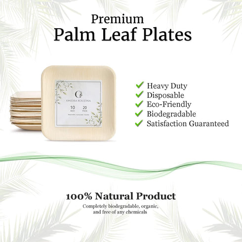 ONEIRA KOUZINA Premium Palm Leaf Plates - 20 large, 10 inch square party pack - Biodegradable Compostable Eco-Friendly Disposable Sturdy. Better than bamboo plates, paper or plastic plates