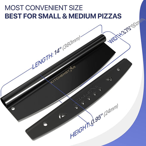 14? Black Non-Stick Pizza Cutter by KitchenStar | Sharp Stainless Steel Slicer Knife - Rocker Style w Blade Cover | Chop and Slices Perfect Portions + Dishwasher Safe Premium Pizza Oven Accessories
