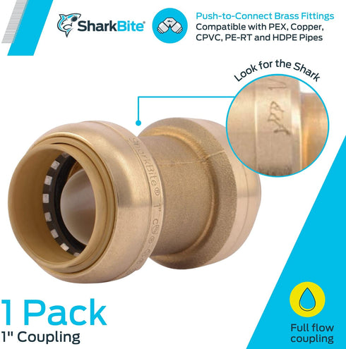 SharkBite 1 Inch Brass Push-To-Connect Straight Coupling Fitting for PEX, Copper, CPVC, PE-RT or HDPE Pipe - U020LFA