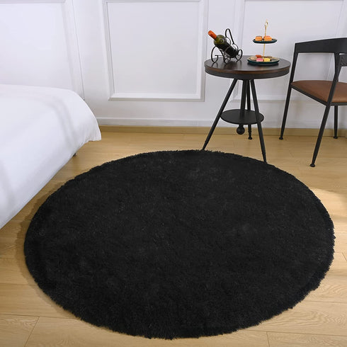 Chicrug Fluffy Round Area Rugs for Girls Bedroom, 4x4 Feet Shaggy Circle Area Rug for Living Room, Soft Fuzzy Carpets for Princess Room, Cute Rug Kids Circular Playmats for Baby Nursery Home, Black