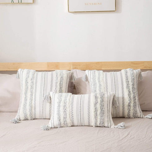 decorUhome Boho Lumbar Decorative Throw Pillow Cover for Bed Bedroom Neutral Accent Cushion Cover Tufted Woven Pillow Case, 12x20, Grey and White