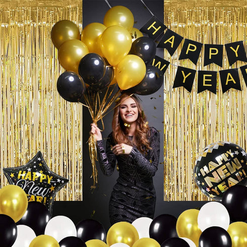 DUILE 72pc/set Happy New Year Decorations 2022 New Years Eve Party Decorations Supplies Include Paper Flower New Year Banner Balloons Curtains Foil Star Balloons for Happy New Year Party