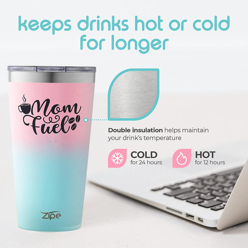 Zipe - 16 oz Tumbler with Spill-Resistant Lid, Insulated Tumbler for Hot and Cold Drinks, €œMom Fuel Coffee Tumbler, Travel Cup with Straw and Cleaner, Shimmer Mermaid Ombre
