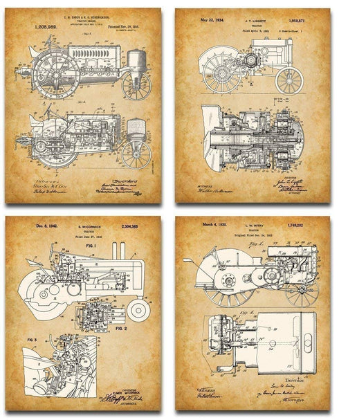 Original John Deere Tractors Patent Art Prints - Set of Four Photos (8x10) Unframed - Makes a Great Farmhouse Decor and Gift Under $20 for Farmers and Farm Owners