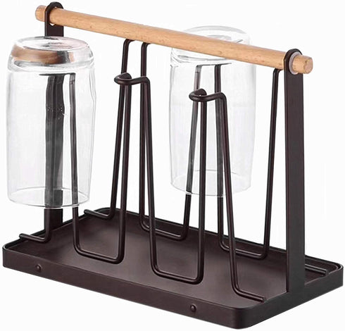 BYFU Cup Drying Rack Stand with Drain Tray, Metal Bottle Drying Organizer with Wood Handle for 6 Cups or Mugs