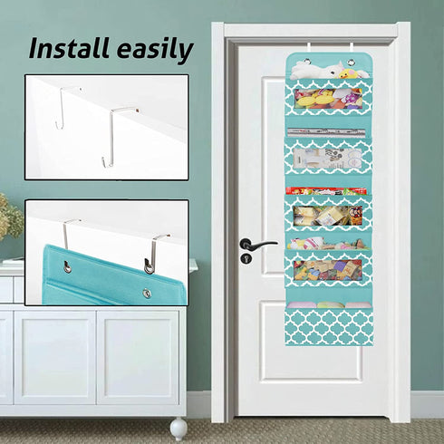 Baby Storage Hanging Organizer Over The Door with 5 Large Clear Window Pocket, Wall Mount Storage Organizer with 2 Metal Hooks for Pantry Baby Nursery Bathroom Closet Dorm(Blue)
