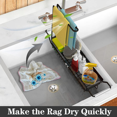 Sponge Holder for Kitchen Sink, Telescopic Sink Storage Rack, Expandable (15.5"-21.3") Sink Caddy Organizer with Dishcloth Towel Holder, Stainless Steel Over Sink Holder for Home (Black)