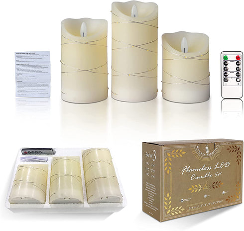 Kelon Flameless LED Pillar Candles, String Lights Embedded Flickering Candles with Remote&Timer, Real Wax Electronic Candle for Valentine's Day, Bedroom, Table Centerpiece Ornaments