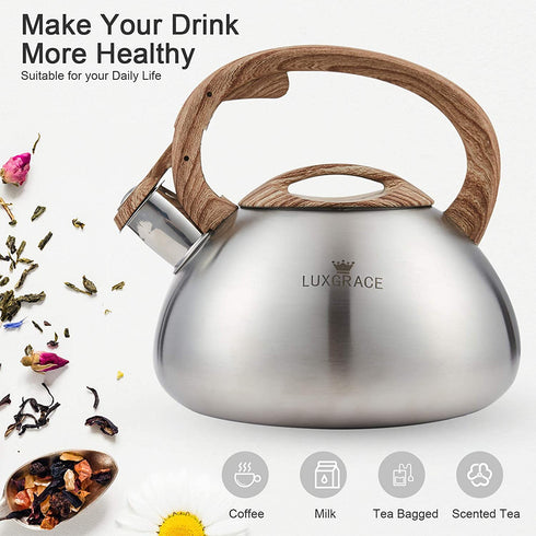 Teapot Whistling Tea Kettle with Wood Pattern Handle Loud Whistle,Food Grade Stainless Steel Tea Pot for Stovetops Water Kettle(Silver-RW)