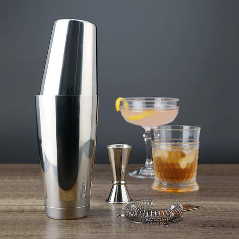 PG Boston Cocktail Kit - 4PC Premium Stainless Steel Shaker Set - 30oz Gloss Finish 2-Piece Shaker with Cocktail Strainer and Double Jigger