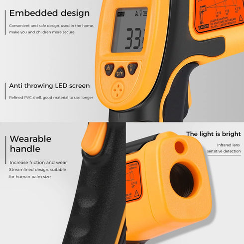Infrared Thermometer, Digital IR Laser Thermometer Temperature Gun -26°F~1022°F (-32°C?550°C) Temperature Probe Cooking/Air/Refrigerator - Meat Thermometer Included -Non Body Thermometer