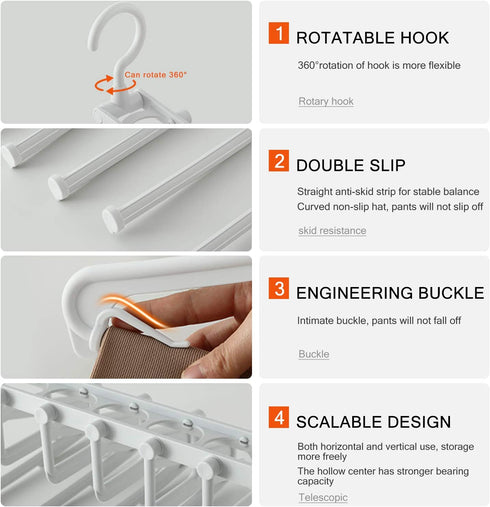 AIR&TREE 2 Pack Pants Hangers Space Saving,Anti-Rust Plastic Hangers,Durable and Sturdy Hangers for Pants Scarf Jeans Slack Trousers Ties Towels,Multiple Pants Hangers 6 in 1 (White)