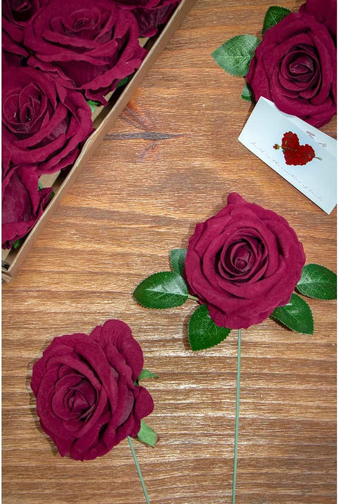 ETERNAL ANGEL Artificial Flowers Dark Red Fake Roses Real Looking Flannelette Flowers with Stem for DIY Arrangements Wedding Bouquets Centerpieces Bridal Shower Party Home Decorations- 16 Pcs