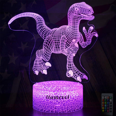 Dinosaur Night Lights for Kids Christmas Gift for Boys Birthday Dino Toy Raptor 3D Illusion Lamp Remote Control 16 Color Change