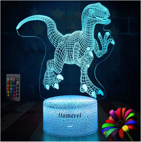Dinosaur Night Lights for Kids Christmas Gift for Boys Birthday Dino Toy Raptor 3D Illusion Lamp Remote Control 16 Color Change