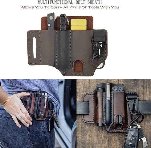 Multitool Sheath for Belt, Leather EDC Pocket Organizer for Men, Leatherman Sheath with Pen Holder, Key Fob, Flashlight Sheath, EDC Leather Pouch Brown€¦