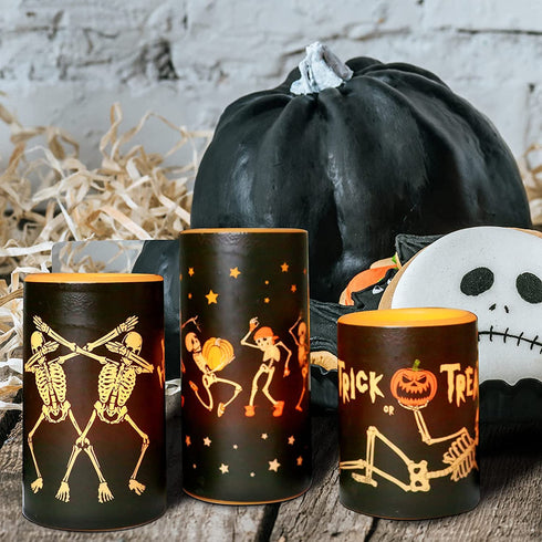 YUROZAC Halloween Flameless Candles with Timer, Flickering Battery Operated Real Wax Electric LED Pillar Candles for Halloween Decoration Set of 3 Orange, 456 Tall