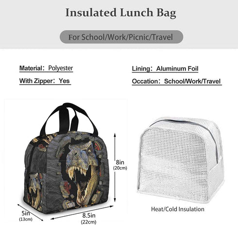 3d Dinosaur Lunch Bag for Men Women Insulated Lunch Box with Front Pocket for Work Reusable Cooler Tote Bag for Office School Picnic Hiking Beach