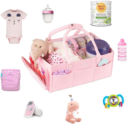 Diaper Caddy Organizer, Baby Basket Nursery Storage Bin with Dustproof Cover for Changing Table, Large Portable Car Organizer for Wipes, Bottle, Diapers, Shower, Newborn Girl & Boy Gifts, Pink