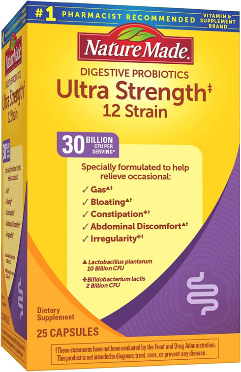 Nature Made Ultra Strength 12 Strain Digestive Probiotics, Dietary Supplement for Digestive Health Support, 25 Probiotic Capsules, 25 Day Supply